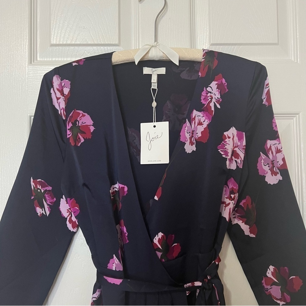 [NWT] Joie Navy Pink Floral Print Silky Satin Wrap Long Sleeve Midi Dress - Sz S - Picture 3 of 15